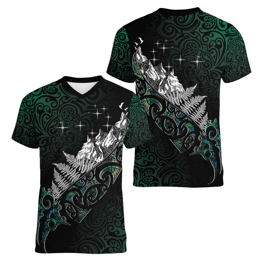 Maori Matariki Women V-Neck T-Shirt Landscape Styled Fern - Paua Shell