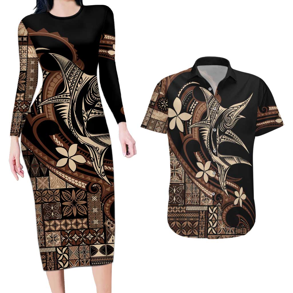 Samoa Manuia le Aso Tuto'atasi Couples Matching Long Sleeve Bodycon Dress and Hawaiian Shirt Siapo Mamanu Mix Tatau Marlin LT7 Black - Polynesian Pride