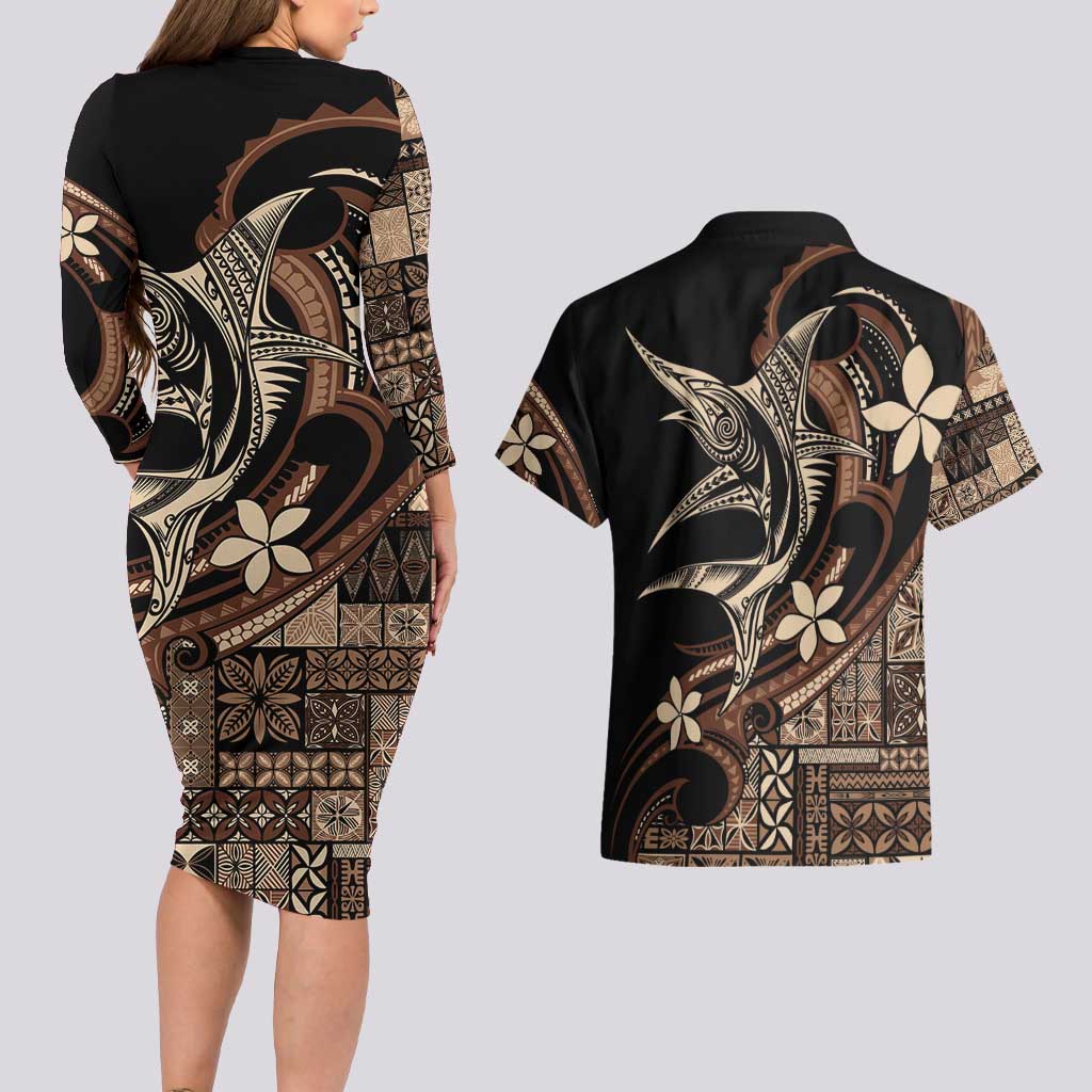 Samoa Manuia le Aso Tuto'atasi Couples Matching Long Sleeve Bodycon Dress and Hawaiian Shirt Siapo Mamanu Mix Tatau Marlin LT7 - Polynesian Pride