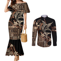 Samoa Manuia le Aso Tuto'atasi Couples Matching Mermaid Dress and Long Sleeve Button Shirt Siapo Mamanu Mix Tatau Marlin