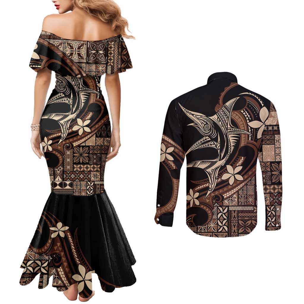 Samoa Manuia le Aso Tuto'atasi Couples Matching Mermaid Dress and Long Sleeve Button Shirt Siapo Mamanu Mix Tatau Marlin