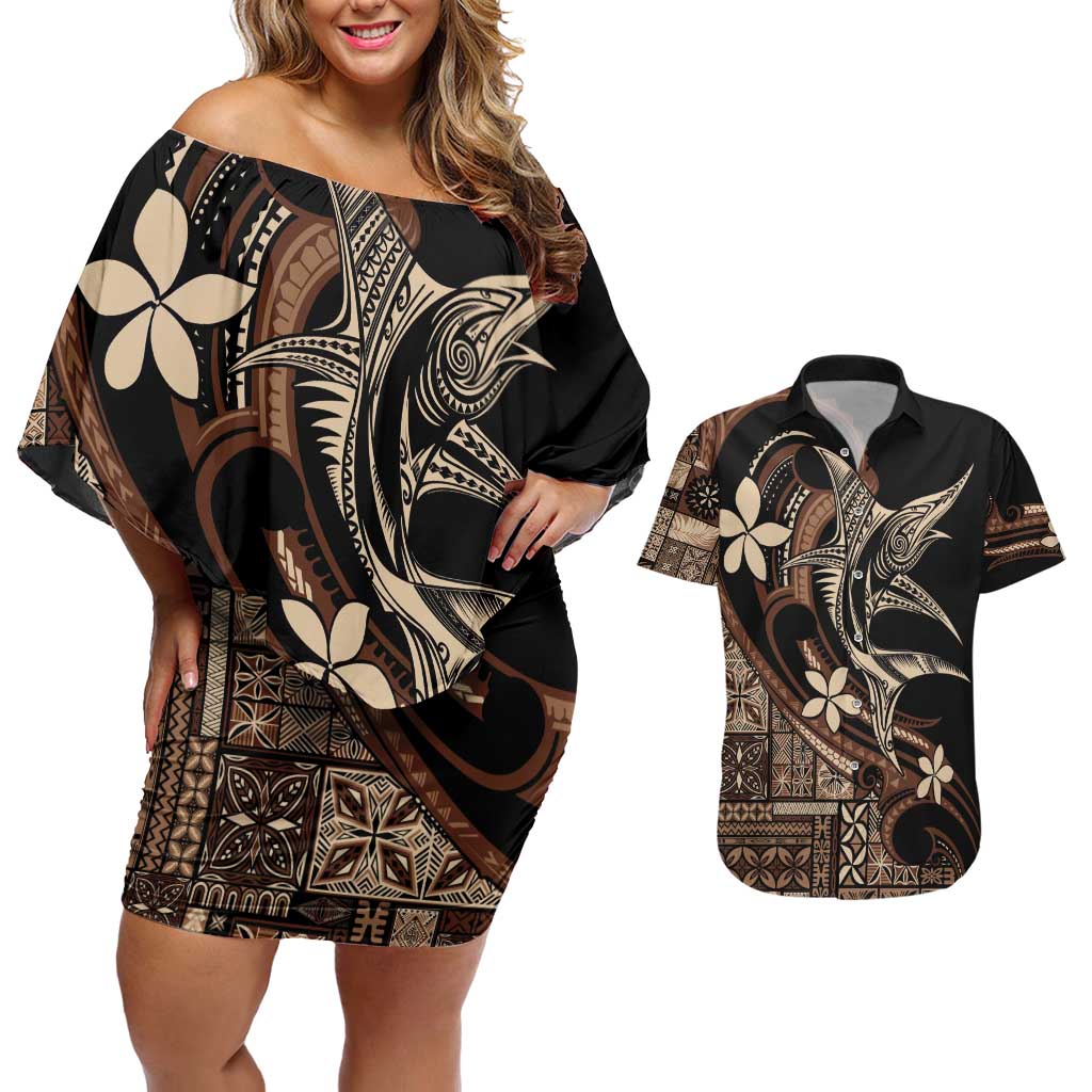 Samoa Manuia le Aso Tuto'atasi Couples Matching Off Shoulder Short Dress and Hawaiian Shirt Siapo Mamanu Mix Tatau Marlin LT7 Black - Polynesian Pride