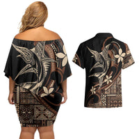 Samoa Manuia le Aso Tuto'atasi Couples Matching Off Shoulder Short Dress and Hawaiian Shirt Siapo Mamanu Mix Tatau Marlin LT7 - Polynesian Pride