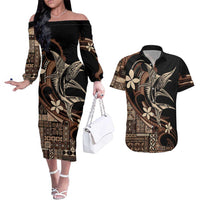Samoa Manuia le Aso Tuto'atasi Couples Matching Off The Shoulder Long Sleeve Dress and Hawaiian Shirt Siapo Mamanu Mix Tatau Marlin LT7 Black - Polynesian Pride