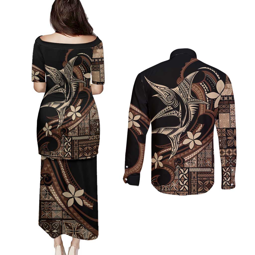Samoa Manuia le Aso Tuto'atasi Couples Matching Puletasi and Long Sleeve Button Shirt Siapo Mamanu Mix Tatau Marlin