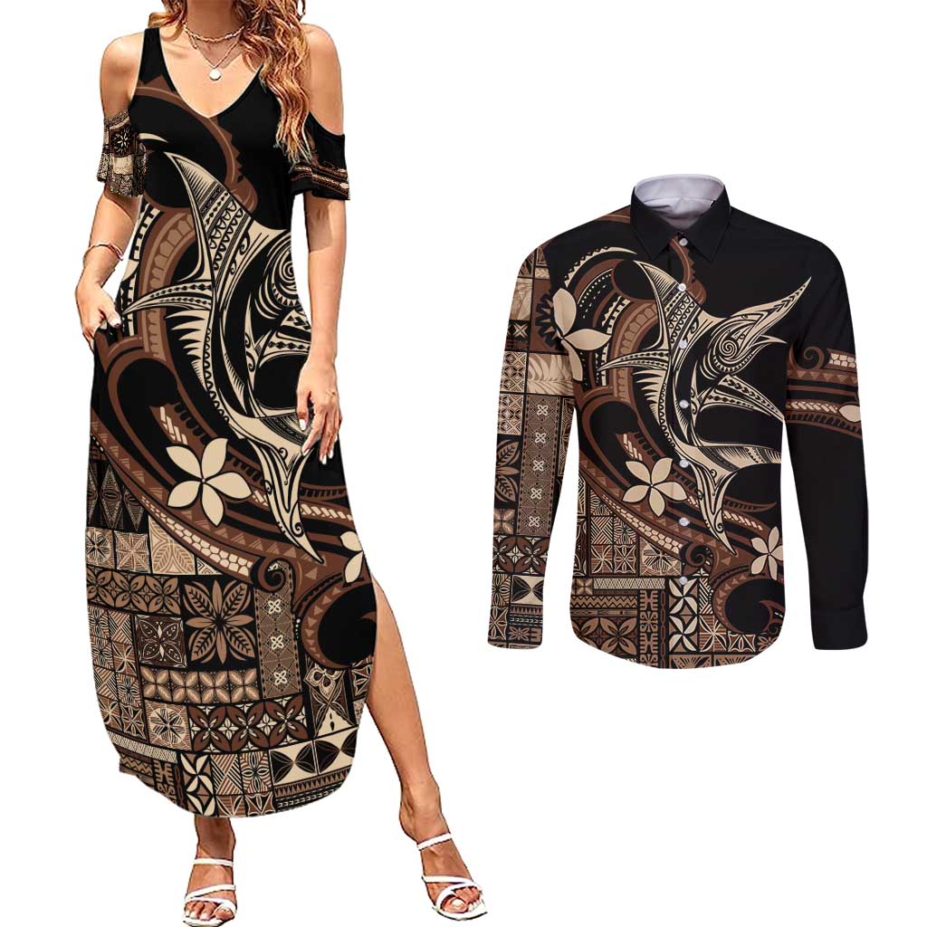Samoa Manuia le Aso Tuto'atasi Couples Matching Summer Maxi Dress and Long Sleeve Button Shirt Siapo Mamanu Mix Tatau Marlin