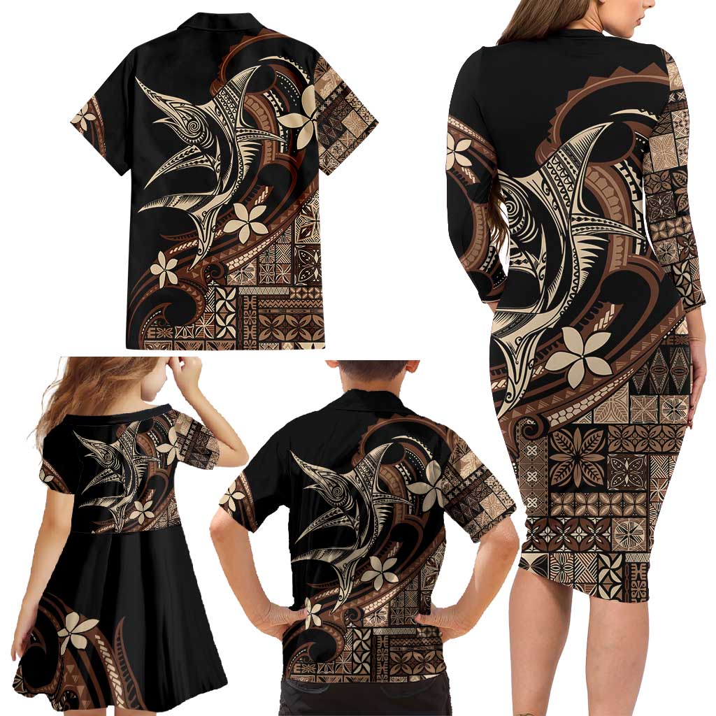 Samoa Manuia le Aso Tuto'atasi Family Matching Long Sleeve Bodycon Dress and Hawaiian Shirt Siapo Mamanu Mix Tatau Marlin
