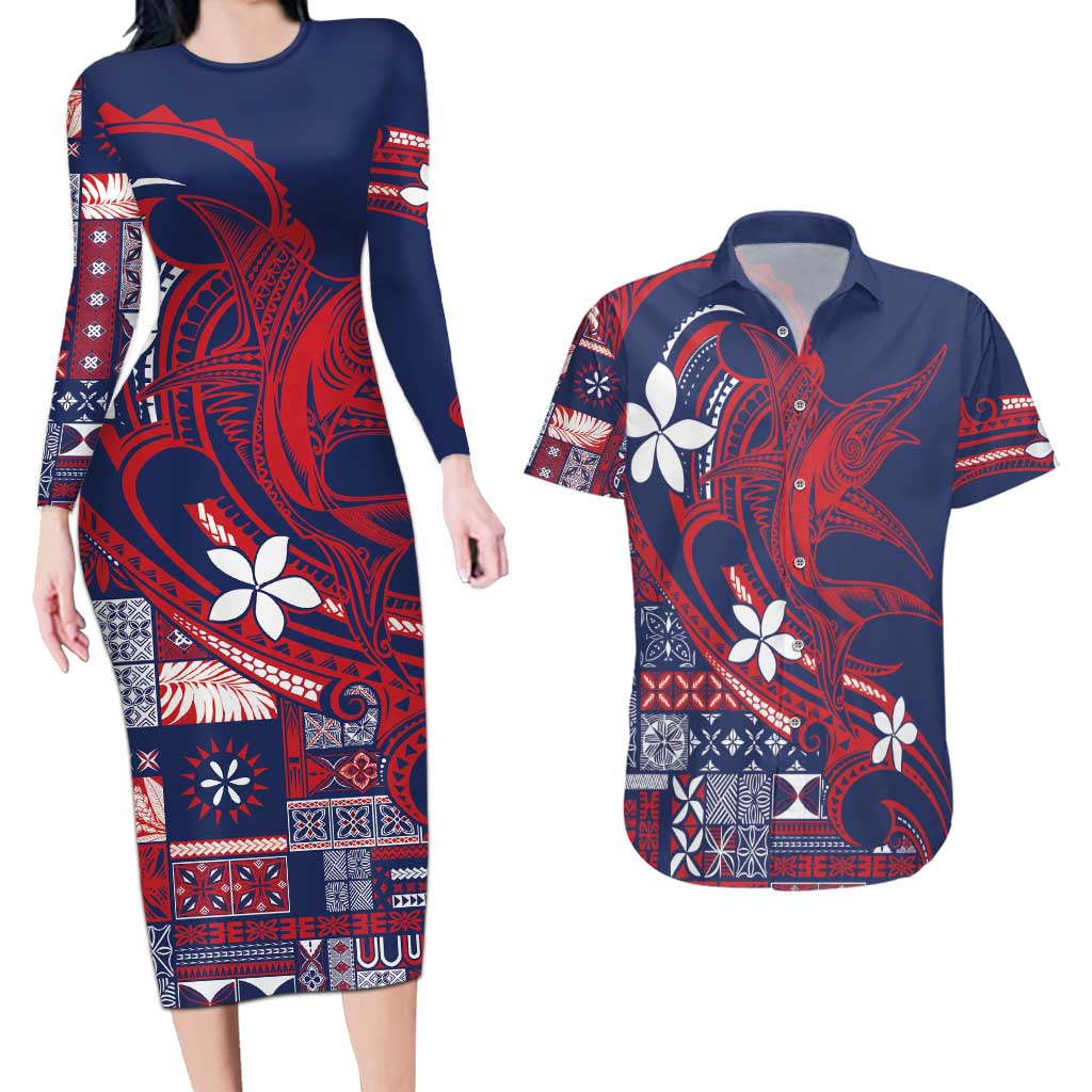 Samoa Manuia le Aso Tuto'atasi Couples Matching Long Sleeve Bodycon Dress and Hawaiian Shirt Siapo Mamanu Mix Tatau Marlin - Flag Color LT7 Blue - Polynesian Pride