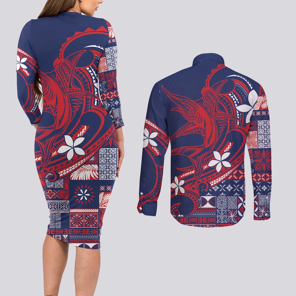 Samoa Manuia le Aso Tuto'atasi Couples Matching Long Sleeve Bodycon Dress and Long Sleeve Button Shirt Siapo Mamanu Mix Tatau Marlin - Flag Color LT7 - Polynesian Pride