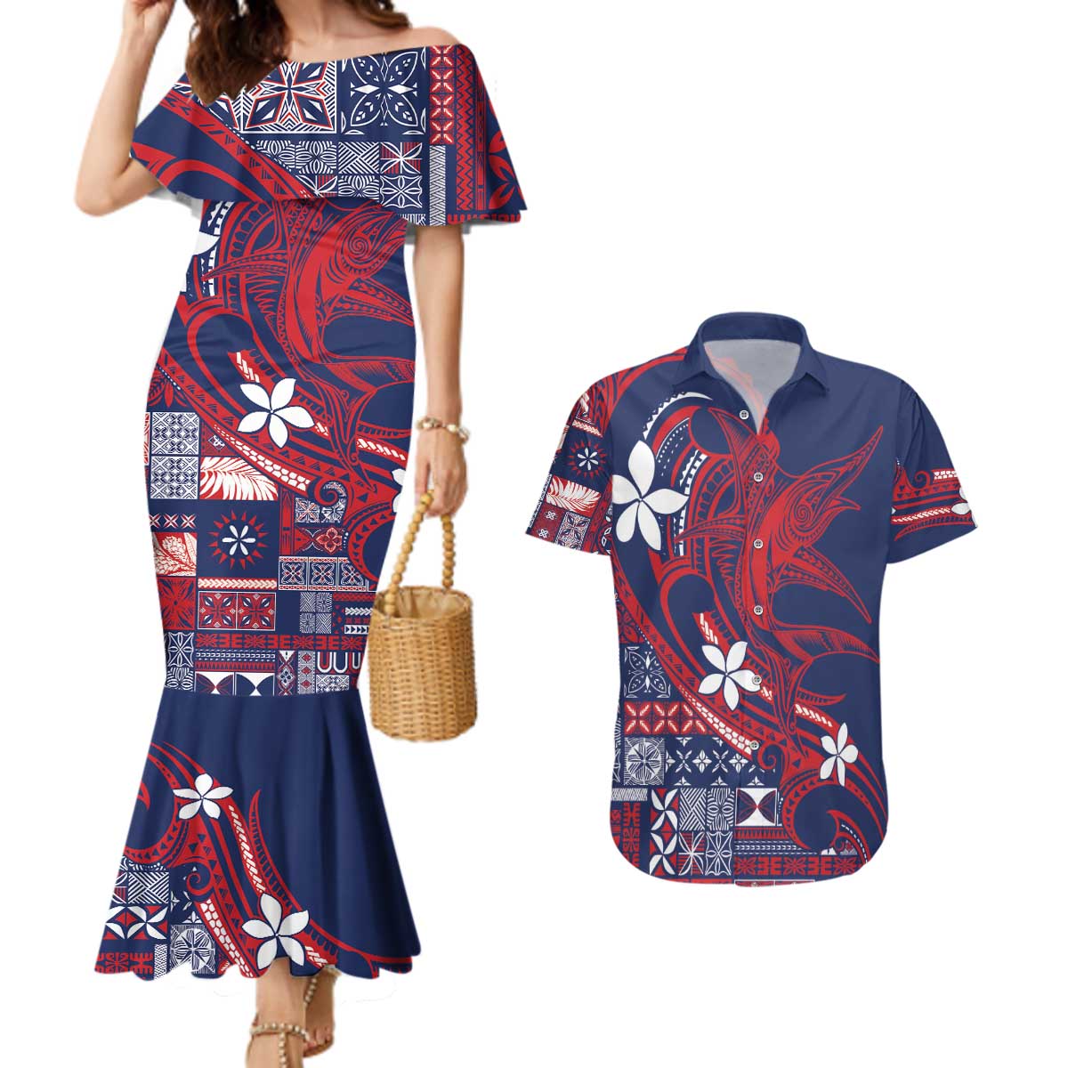 Samoa Manuia le Aso Tuto'atasi Couples Matching Mermaid Dress and Hawaiian Shirt Siapo Mamanu Mix Tatau Marlin - Flag Color