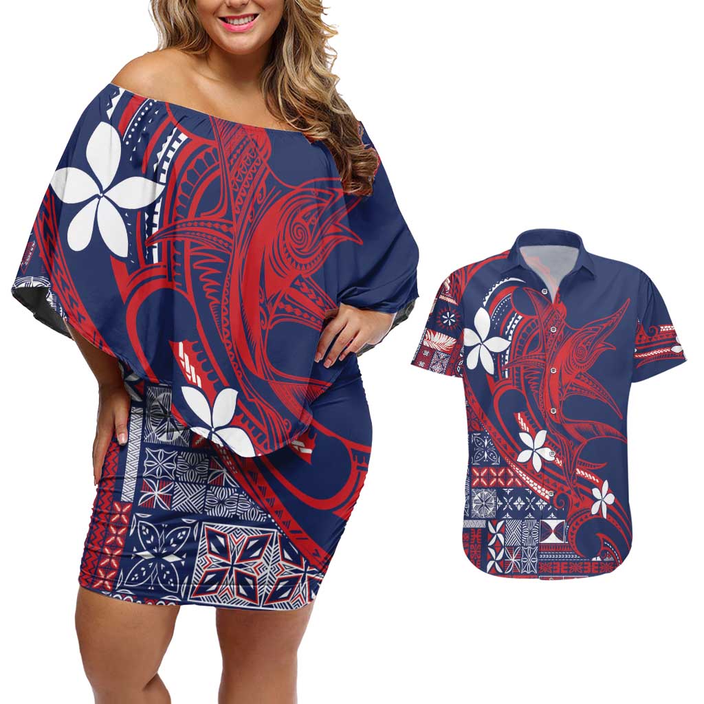 Samoa Manuia le Aso Tuto'atasi Couples Matching Off Shoulder Short Dress and Hawaiian Shirt Siapo Mamanu Mix Tatau Marlin - Flag Color LT7 Blue - Polynesian Pride