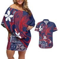 Samoa Manuia le Aso Tuto'atasi Couples Matching Off Shoulder Short Dress and Hawaiian Shirt Siapo Mamanu Mix Tatau Marlin - Flag Color LT7 Blue - Polynesian Pride