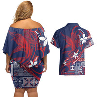 Samoa Manuia le Aso Tuto'atasi Couples Matching Off Shoulder Short Dress and Hawaiian Shirt Siapo Mamanu Mix Tatau Marlin - Flag Color LT7 - Polynesian Pride