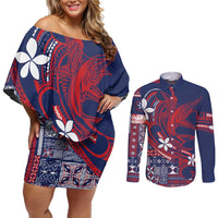 Samoa Manuia le Aso Tuto'atasi Couples Matching Off Shoulder Short Dress and Long Sleeve Button Shirt Siapo Mamanu Mix Tatau Marlin - Flag Color LT7 Blue - Polynesian Pride