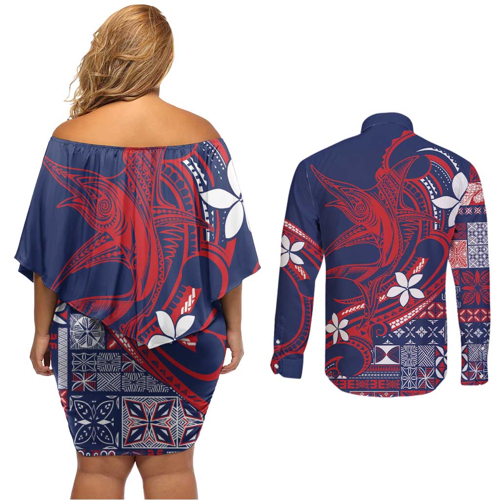 Samoa Manuia le Aso Tuto'atasi Couples Matching Off Shoulder Short Dress and Long Sleeve Button Shirt Siapo Mamanu Mix Tatau Marlin - Flag Color LT7 - Polynesian Pride