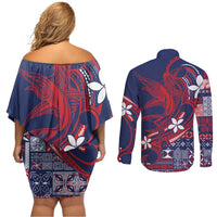 Samoa Manuia le Aso Tuto'atasi Couples Matching Off Shoulder Short Dress and Long Sleeve Button Shirt Siapo Mamanu Mix Tatau Marlin - Flag Color LT7 - Polynesian Pride
