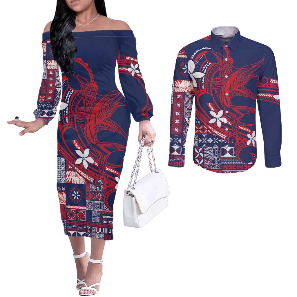 Samoa Manuia le Aso Tuto'atasi Couples Matching Off The Shoulder Long Sleeve Dress and Long Sleeve Button Shirt Siapo Mamanu Mix Tatau Marlin - Flag Color