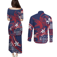 Samoa Manuia le Aso Tuto'atasi Couples Matching Puletasi and Long Sleeve Button Shirt Siapo Mamanu Mix Tatau Marlin - Flag Color LT7 - Polynesian Pride