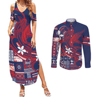 Samoa Manuia le Aso Tuto'atasi Couples Matching Summer Maxi Dress and Long Sleeve Button Shirt Siapo Mamanu Mix Tatau Marlin - Flag Color LT7 Blue - Polynesian Pride