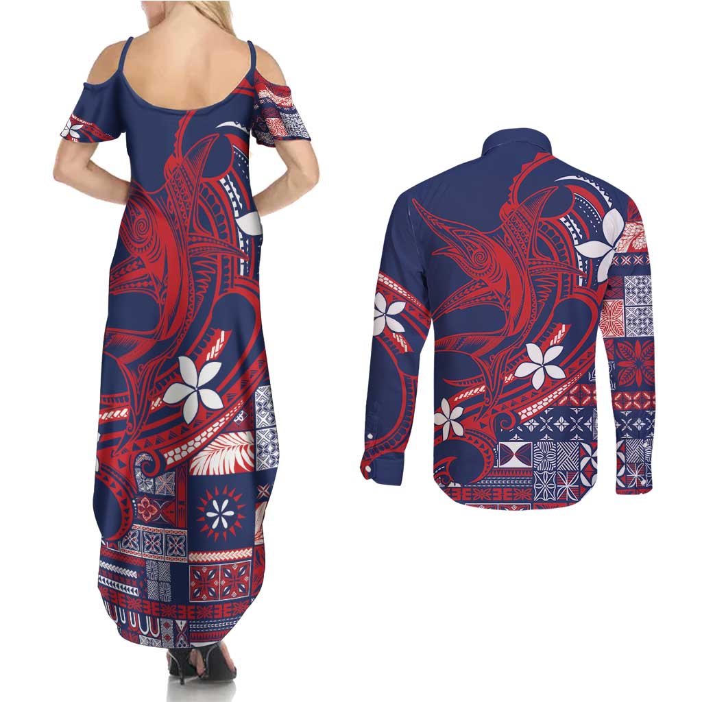 Samoa Manuia le Aso Tuto'atasi Couples Matching Summer Maxi Dress and Long Sleeve Button Shirt Siapo Mamanu Mix Tatau Marlin - Flag Color LT7 - Polynesian Pride