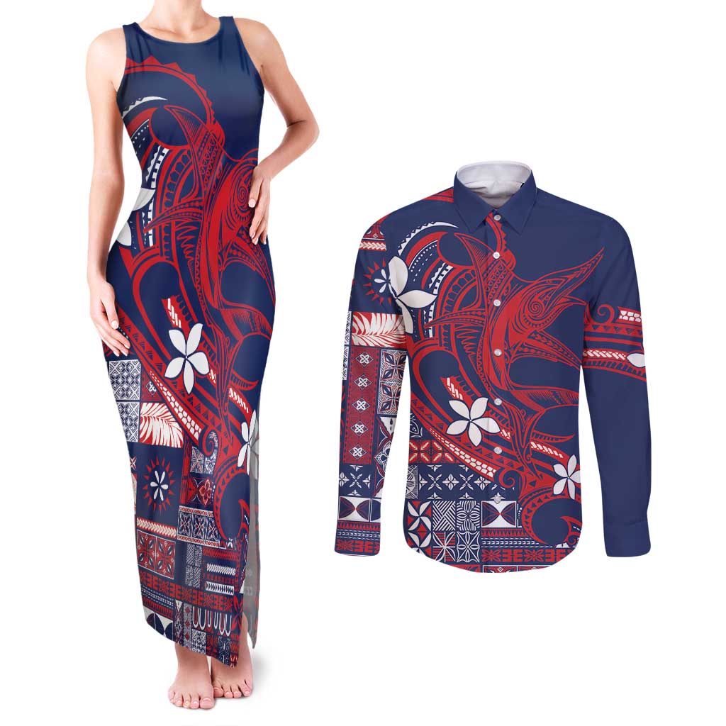 Samoa Manuia le Aso Tuto'atasi Couples Matching Tank Maxi Dress and Long Sleeve Button Shirt Siapo Mamanu Mix Tatau Marlin - Flag Color LT7 Blue - Polynesian Pride