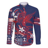 Samoa Manuia le Aso Tuto'atasi Family Matching Off The Shoulder Long Sleeve Dress and Hawaiian Shirt Siapo Mamanu Mix Tatau Marlin - Flag Color