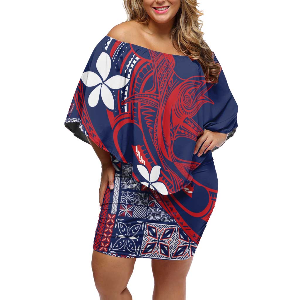 Samoa Manuia le Aso Tuto'atasi Family Matching Off Shoulder Short Dress and Hawaiian Shirt Siapo Mamanu Mix Tatau Marlin - Flag Color