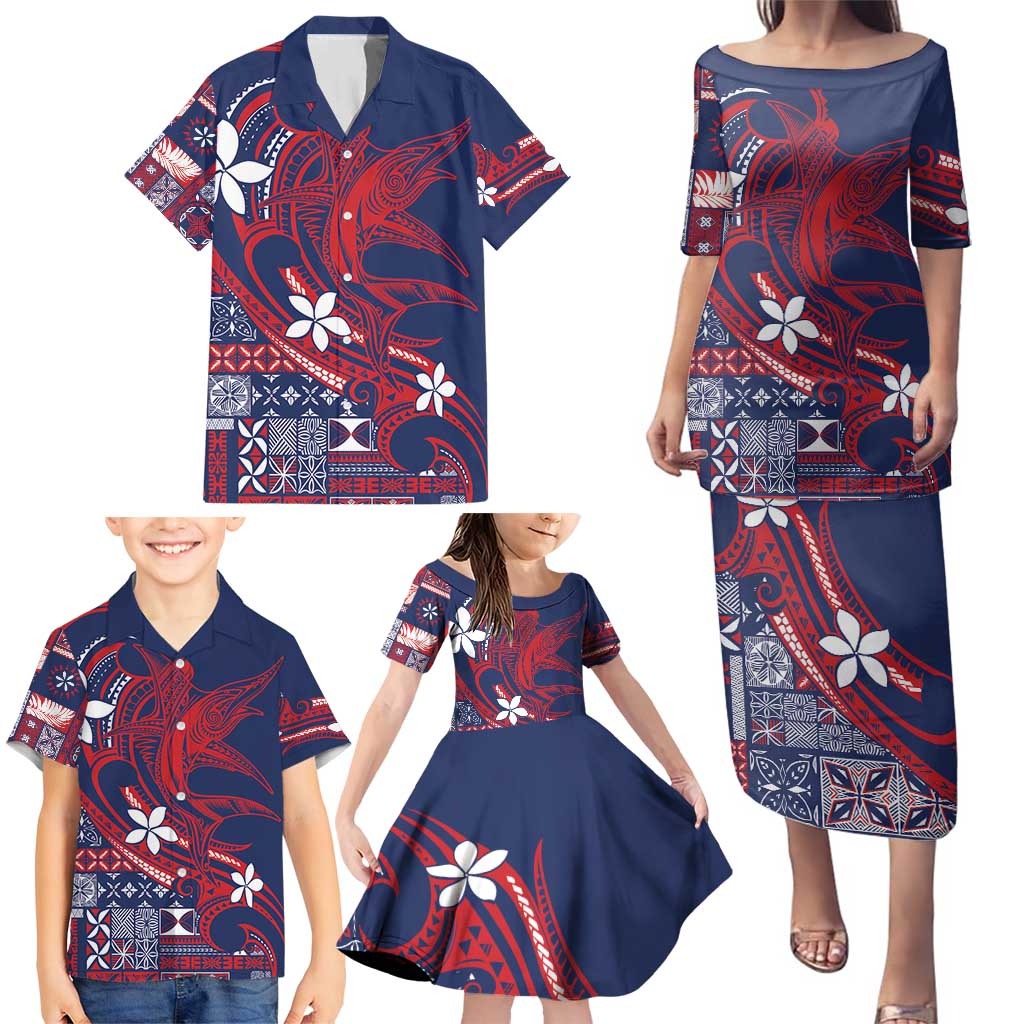 Samoa Manuia le Aso Tuto'atasi Family Matching Puletasi and Hawaiian Shirt Siapo Mamanu Mix Tatau Marlin - Flag Color