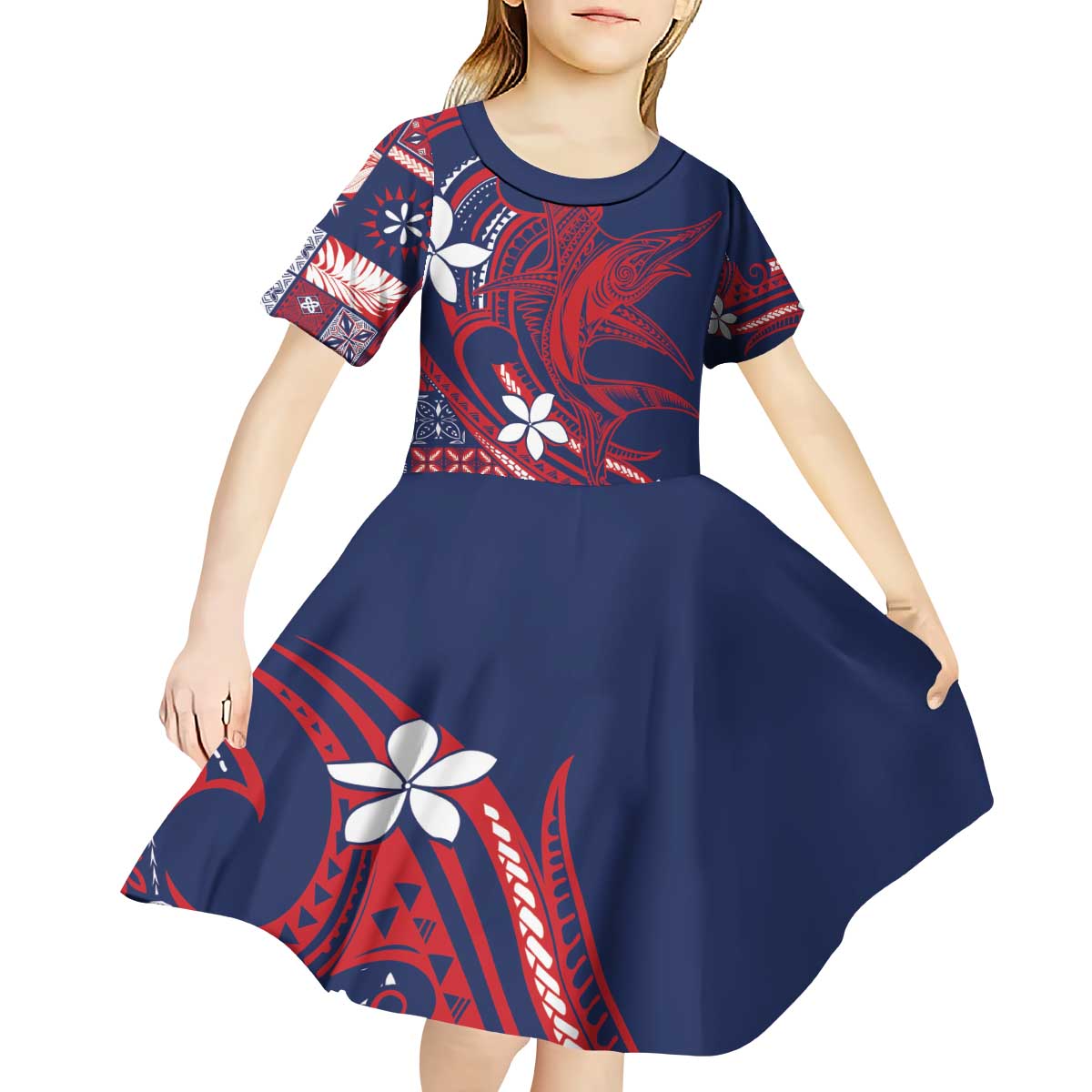 Samoa Manuia le Aso Tuto'atasi Kid Short Sleeve Dress Siapo Mamanu Mix Tatau Marlin - Flag Color