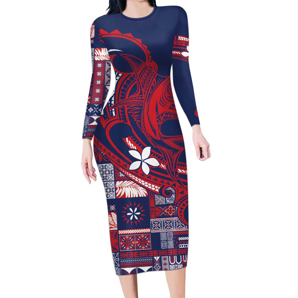 Samoa Manuia le Aso Tuto'atasi Long Sleeve Bodycon Dress Siapo Mamanu Mix Tatau Marlin - Flag Color