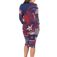 Samoa Manuia le Aso Tuto'atasi Long Sleeve Bodycon Dress Siapo Mamanu Mix Tatau Marlin - Flag Color LT7 - Polynesian Pride
