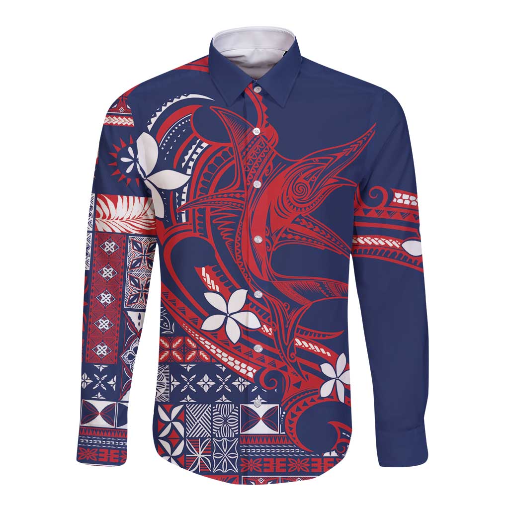 Samoa Manuia le Aso Tuto'atasi Long Sleeve Button Shirt Siapo Mamanu Mix Tatau Marlin - Flag Color