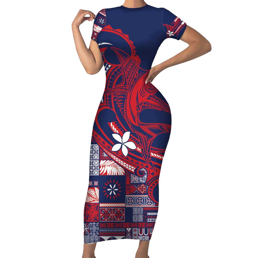 Samoa Manuia le Aso Tuto'atasi Short Sleeve Bodycon Dress Siapo Mamanu Mix Tatau Marlin - Flag Color LT7 Long Dress Blue - Polynesian Pride