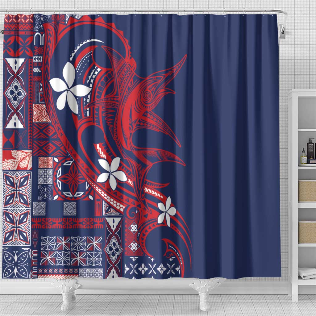 Samoa Manuia le Aso Tuto'atasi Shower Curtain Siapo Mamanu Mix Tatau Marlin - Flag Color