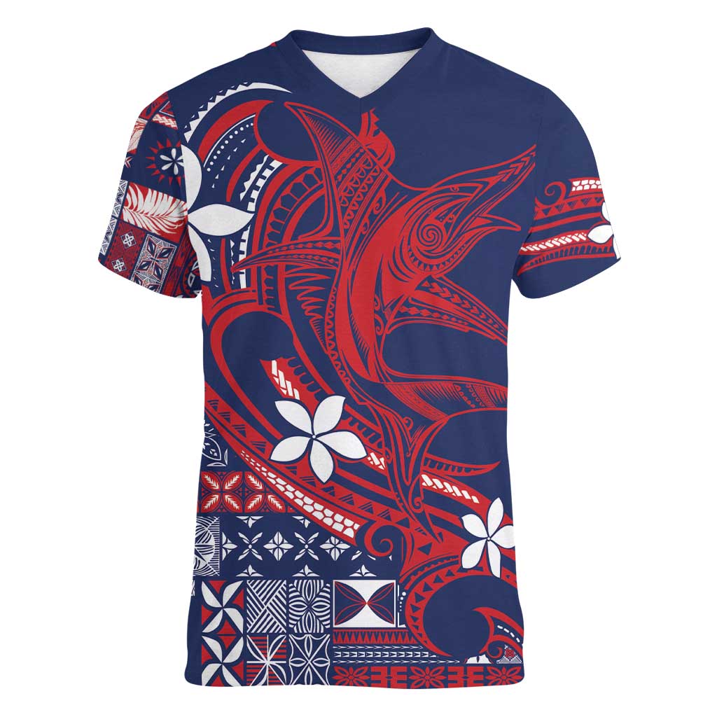 Samoa Manuia le Aso Tuto'atasi Women V-Neck T-Shirt Siapo Mamanu Mix Tatau Marlin - Flag Color