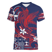 Samoa Manuia le Aso Tuto'atasi Women V-Neck T-Shirt Siapo Mamanu Mix Tatau Marlin - Flag Color