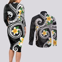 Kanaka Maoli Hawaii Plumeria Couples Matching Long Sleeve Bodycon Dress and Long Sleeve Button Shirt Dancing Tentacles Black Style