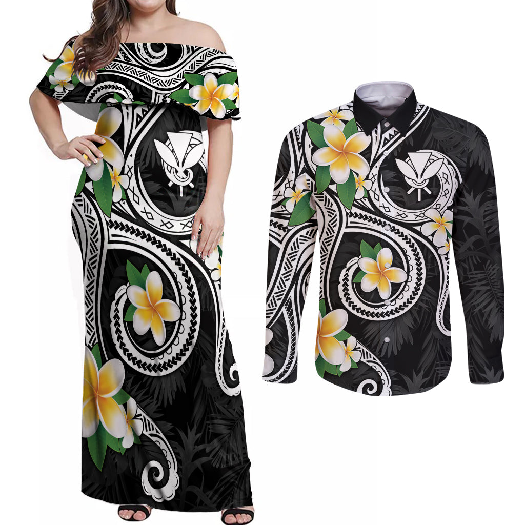 Kanaka Maoli Hawaii Plumeria Couples Matching Off Shoulder Maxi Dress and Long Sleeve Button Shirt Dancing Tentacles Black Style