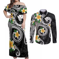 Kanaka Maoli Hawaii Plumeria Couples Matching Off Shoulder Maxi Dress and Long Sleeve Button Shirt Dancing Tentacles Black Style