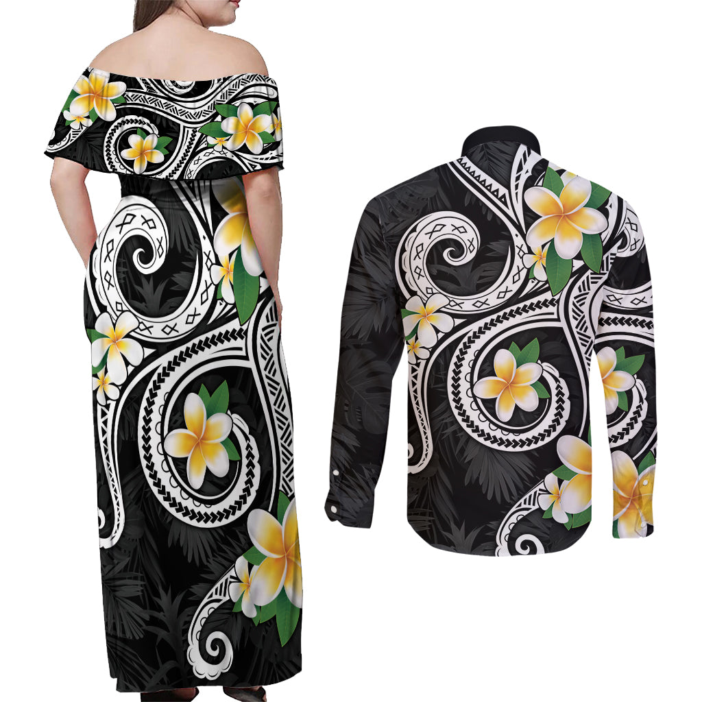 Kanaka Maoli Hawaii Plumeria Couples Matching Off Shoulder Maxi Dress and Long Sleeve Button Shirt Dancing Tentacles Black Style