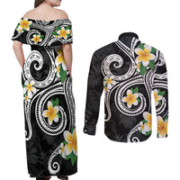 Kanaka Maoli Hawaii Plumeria Couples Matching Off Shoulder Maxi Dress and Long Sleeve Button Shirt Dancing Tentacles Black Style