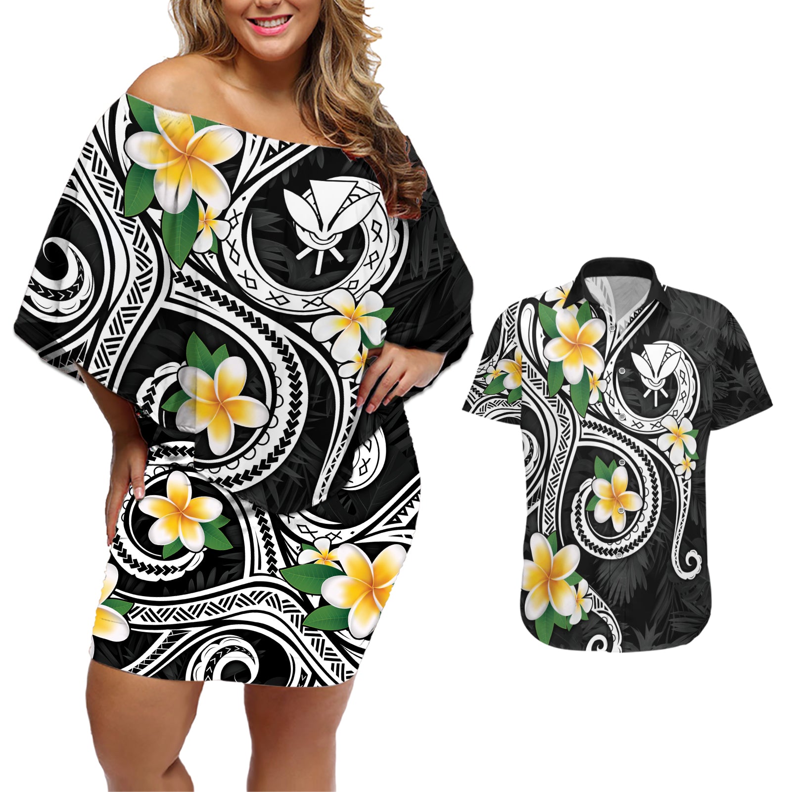Kanaka Maoli Hawaii Plumeria Couples Matching Off Shoulder Short Dress and Hawaiian Shirt Dancing Tentacles Black Style