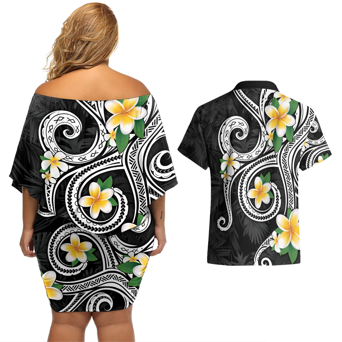 Kanaka Maoli Hawaii Plumeria Couples Matching Off Shoulder Short Dress and Hawaiian Shirt Dancing Tentacles Black Style