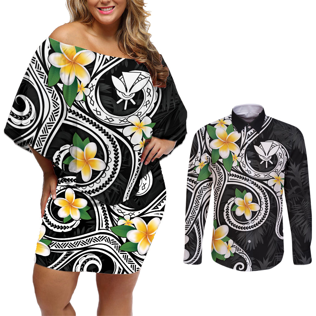 Kanaka Maoli Hawaii Plumeria Couples Matching Off Shoulder Short Dress and Long Sleeve Button Shirt Dancing Tentacles Black Style