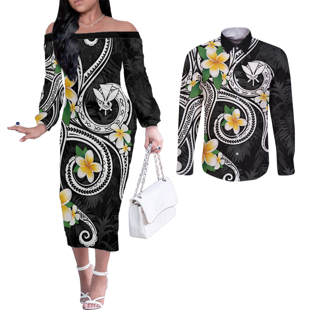 Kanaka Maoli Hawaii Plumeria Couples Matching Off The Shoulder Long Sleeve Dress and Long Sleeve Button Shirt Dancing Tentacles Black Style