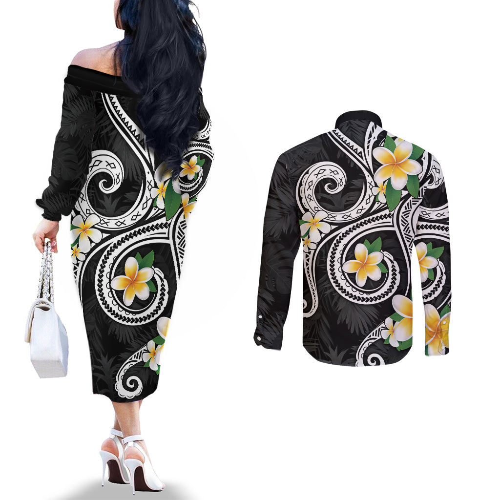 Kanaka Maoli Hawaii Plumeria Couples Matching Off The Shoulder Long Sleeve Dress and Long Sleeve Button Shirt Dancing Tentacles Black Style