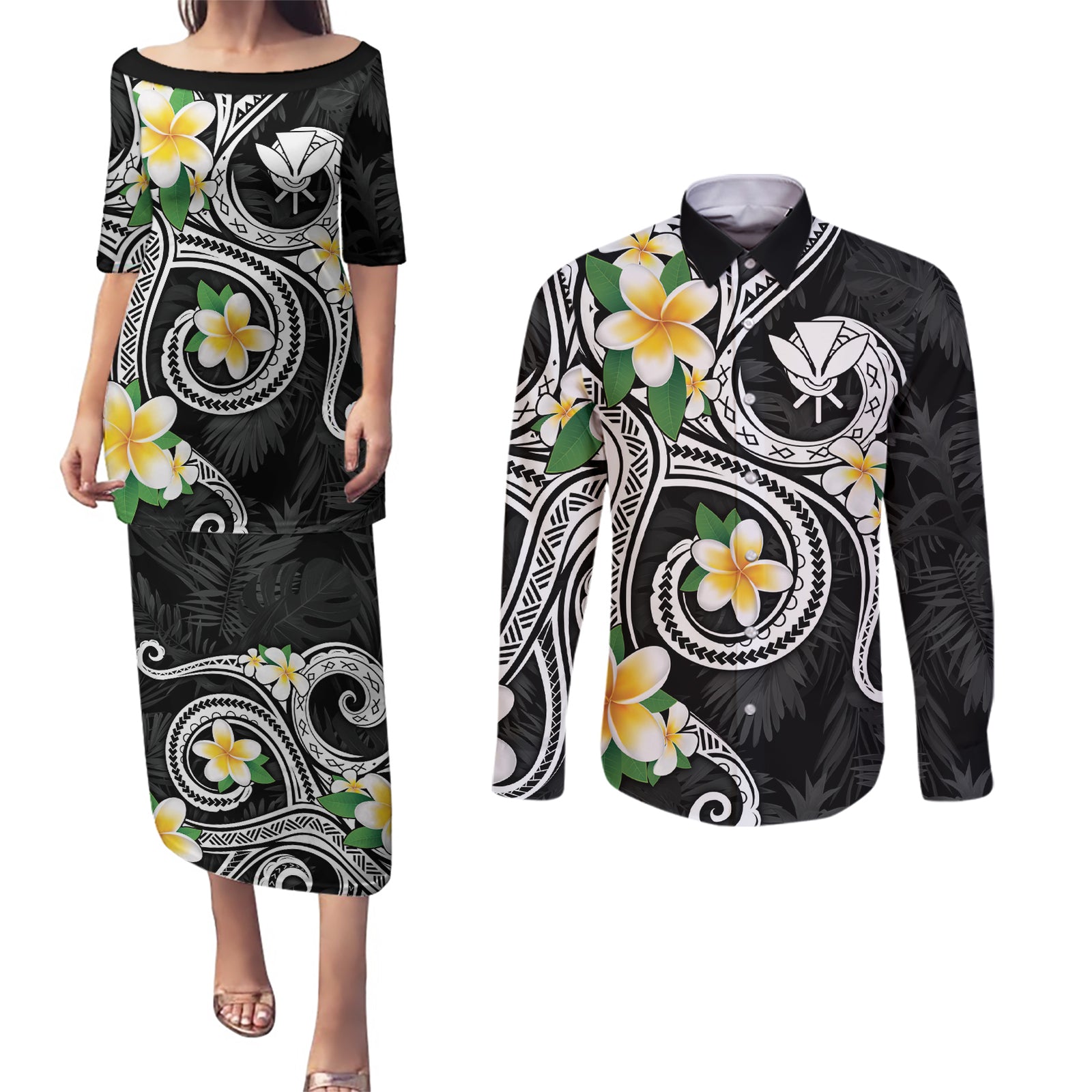 Kanaka Maoli Hawaii Plumeria Couples Matching Puletasi and Long Sleeve Button Shirt Dancing Tentacles Black Style