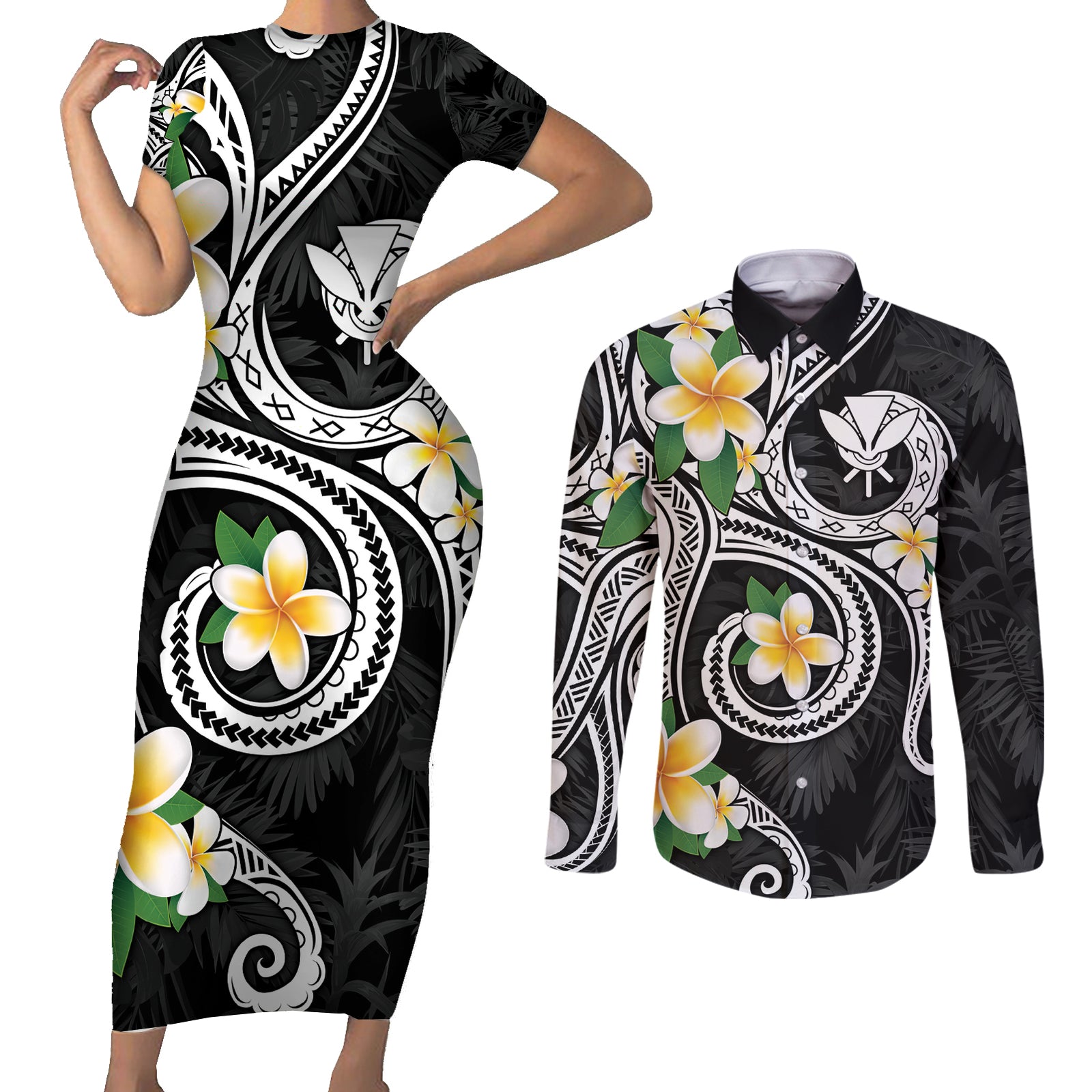 Kanaka Maoli Hawaii Plumeria Couples Matching Short Sleeve Bodycon Dress and Long Sleeve Button Shirt Dancing Tentacles Black Style