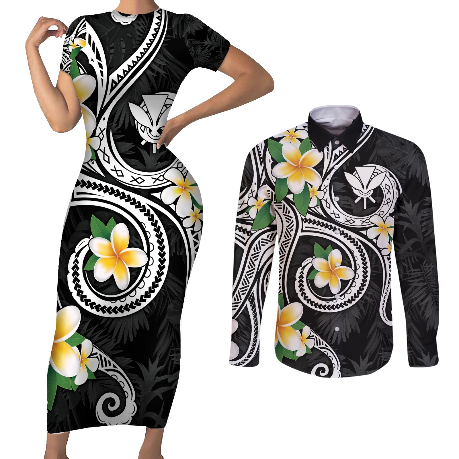 Kanaka Maoli Hawaii Plumeria Couples Matching Short Sleeve Bodycon Dress and Long Sleeve Button Shirt Dancing Tentacles Black Style
