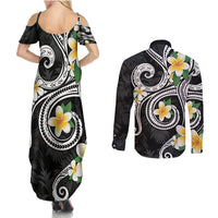 Kanaka Maoli Hawaii Plumeria Couples Matching Summer Maxi Dress and Long Sleeve Button Shirt Dancing Tentacles Black Style